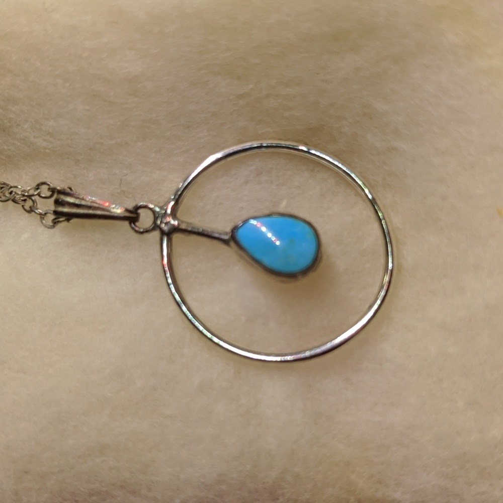 Vintage Turquoise? Teardrop & Sterling Silver Pendant With Chain